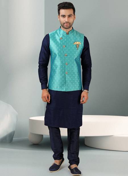 Navy Blue Colour Festive Wear Kurta Pajama With Jacket Mens Collection 1464